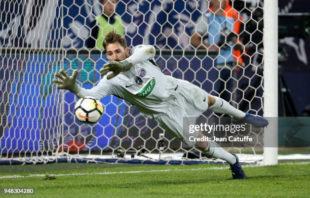 Goalkeeper of PSG Kevin Trapp conceides a goal from Tiemoko Diomande of Caen during the French Cup semi-final between Stade Malherbe de Caen and...