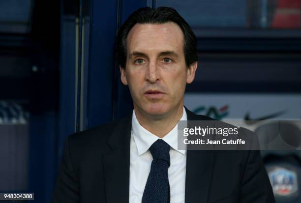 Coach of PSG Unai Emery during the French Cup semi-final between Stade Malherbe de Caen and Paris Saint Germain at Stade Michel D'Ornano on April 18,...