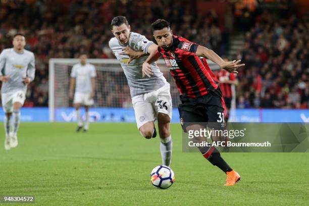 Matteo Darmian of Manchester Utd and Lys Mousset of Bournemouth during the Premier League match between AFC Bournemouth and Manchester United at...