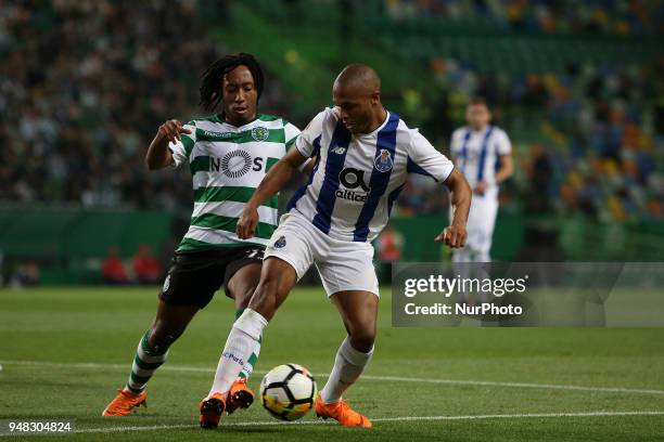 Porto's Algerian forward Yacine Brahimi vies with Sporting's forward Gelson Martins from Portugal during the Portugal Cup semifinal second leg...