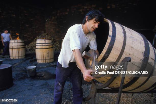 Un tonnelier de la maison Martell à Cognac rabote l'intérieur d'un tonneau à l'aide d'un "jabloir", le jable étant la rainure qui recevra le fond du...