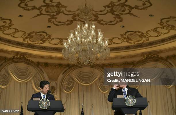 President Donald Trump and Japan's Prime Minister Shinzo Abe hold a joint press conference at Trump's Mar-a-Lago estate in Palm Beach, Floridaon...