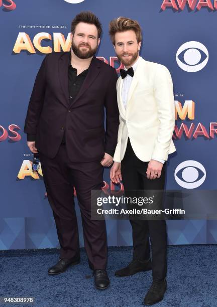 Zach Swon and Colton Swon of musical group The Swon Brothers attend the 53rd Academy of Country Music Awards at MGM Grand Garden Arena on April 15,...