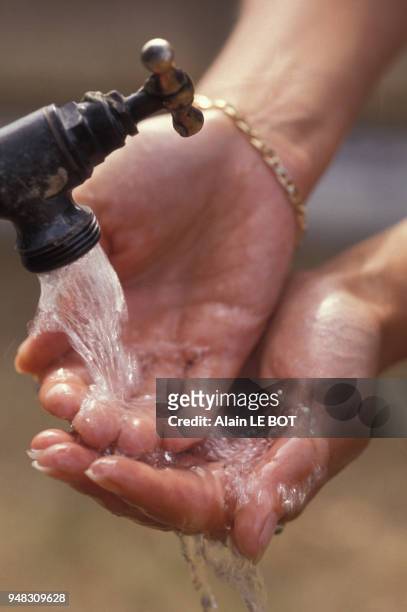 Femme se lavant les mains au robinet d'un parc, en mars 1991.