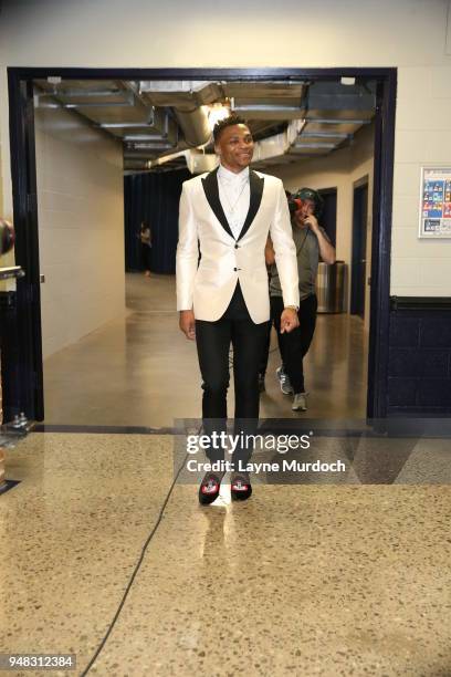 Russell Westbrook of the Oklahoma City Thunder arrives to the arena prior to Game Two of Round One of the 2018 NBA Playoffs between the Oklahoma City...