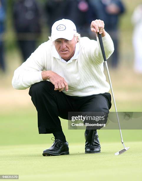 Greg Norman of Australia, lines up a putt on the 4th hole during day three of the British Open Championship at Royal Birkdale, Lancashire, U.K., on...