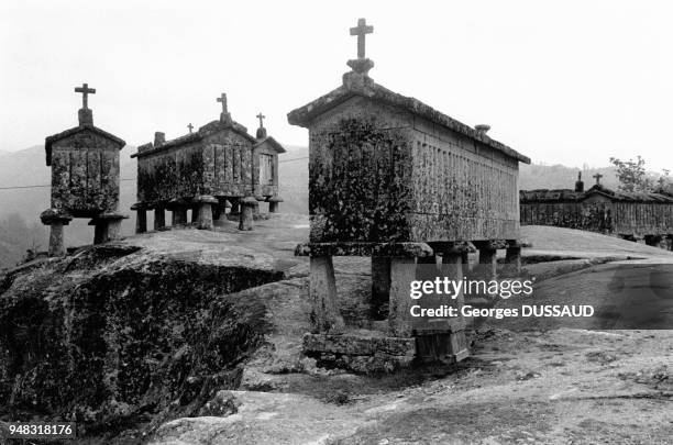 Espigueiros, greniers à maïs à Soajo, dans la province de Minho, au Portugal, en mai 1993.