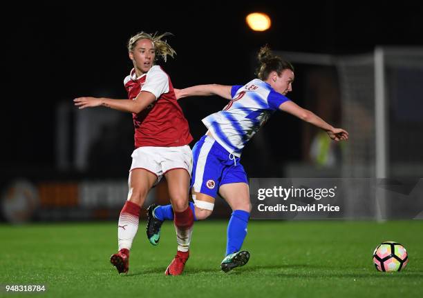 Jordan Nobbs of Arsenal takes on Remi Allen of Reading during the match between Arsenal Women and Reading Women at Meadow Park on April 18, 2018 in...