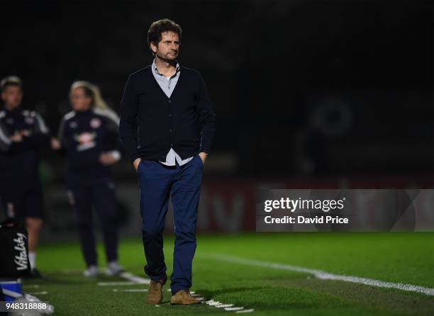 Joe Montemurro the Manager of Arsenal during the match between Arsenal Women and Reading Women at Meadow Park on April 18, 2018 in Borehamwood,...