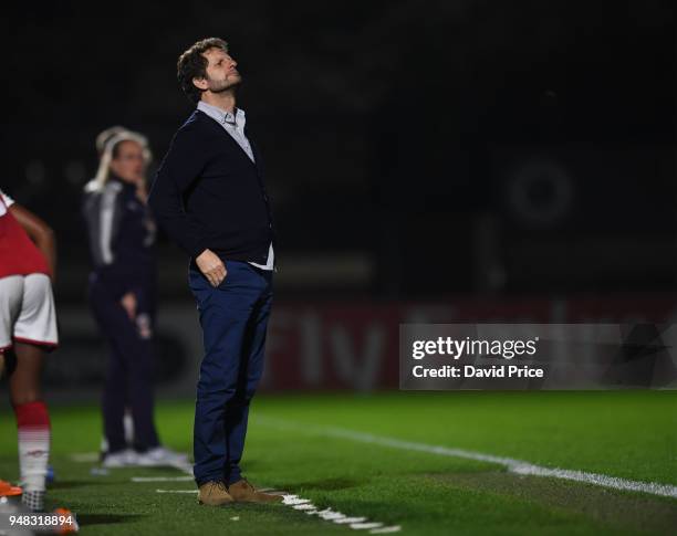 Joe Montemurro the Manager of Arsenal during the match between Arsenal Women and Reading Women at Meadow Park on April 18, 2018 in Borehamwood,...