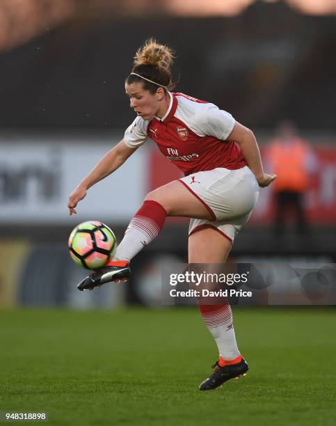 Emma Mitchell of Arsenal during the match between Arsenal Women and Reading Women at Meadow Park on April 18, 2018 in Borehamwood, England.