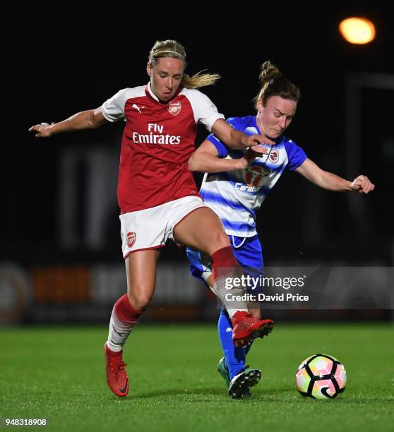 Jordan Nobbs of Arsenal takes on Remi Allen of Reading during the match between Arsenal Women and Reading Women at Meadow Park on April 18, 2018 in...