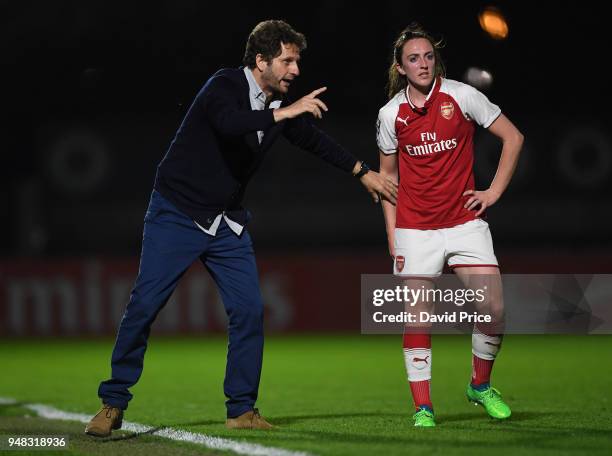 Joe Montemurro the Manager of Arsenal gives Lisa Evans some instructions during the match between Arsenal Women and Reading Women at Meadow Park on...