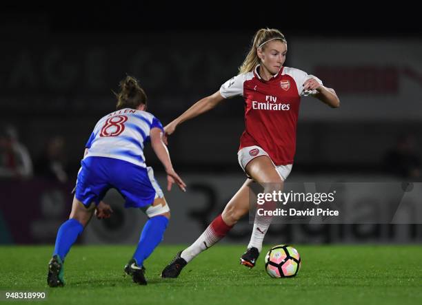 Leah Williamson of Arsenal takes on Remi Allen of Reading during the match between Arsenal Women and Reading Women at Meadow Park on April 18, 2018...