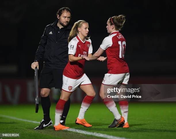 Beth Mead comes on as a substitute for Kim Little of Arsenal during the match between Arsenal Women and Reading Women at Meadow Park on April 18,...