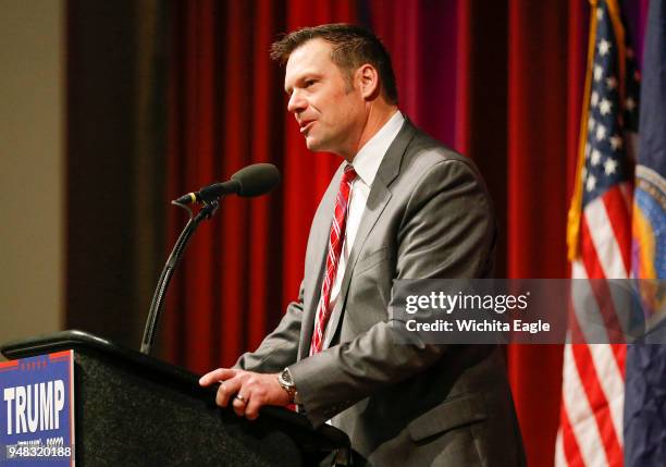 Kansas Secretary of State Kris Kobach in a March 2016 file image in Wichita, Kan. A federal judge on Wednesday, April 18 found Kobach in contempt of...