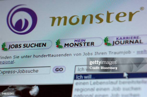 Monster's German web site is seen on a computer monitor in Frankfurt, Germany, Tuesday, December 13, 2005. Monster Worldwide Inc.'s index of online...