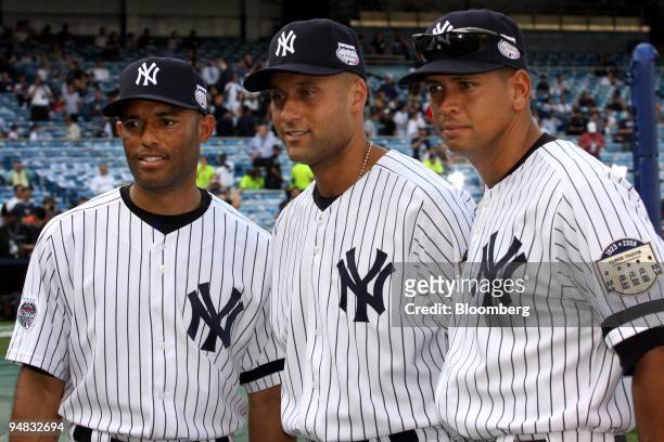 New York Yankees All-Star players, from left, Mariano Rivera, Alex Rodriguez and Derek Jeter pose for a photo before the 79th Major League Baseball...