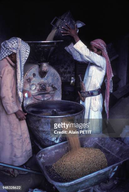 Grillage et tamisage des grains de café à Sa'dah, en octobre 1988, Yémen.