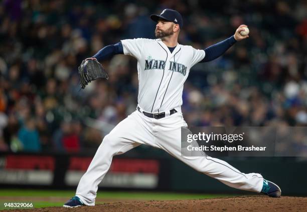 Reliever Marc Rzepczynski of the Seattle Mariners delivers a pitch during a game against the Oakland Athletics at Safeco Field on April 14, 2018 in...