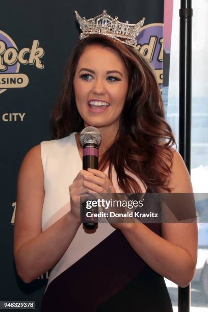 Cara Mund, Miss America 2018 speaks at the Hard Rock Hotel & Casino Atlantic City opening press conference on April 18, 2018 in Atlantic City, New...