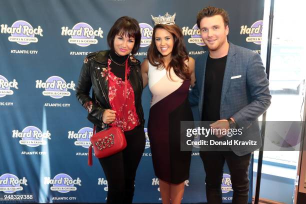 Isabel Allen, Cara Mund, Miss America 2018 and Joey Jingoli pose for a photograph at the Hard Rock Hotel & Casino Atlantic City opening press...