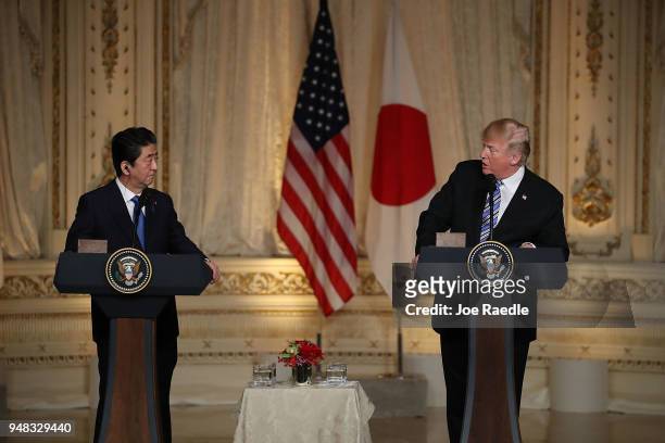 President Donald Trump and Japanese Prime Minister Shinzo Abe hold a news conference at Mar-a-Lago resort on April 18, 2018 in West Palm Beach,...