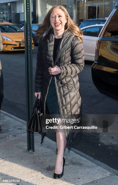 Chelsea Victoria Clinton arrives to The Daily Show with Trevor Noah on April 18, 2018 in New York City.