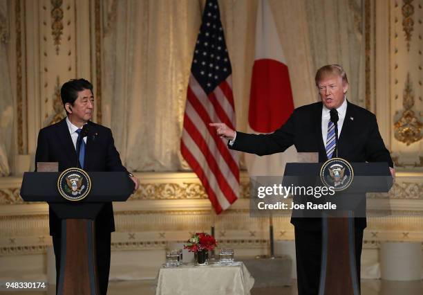 President Donald Trump and Japanese Prime Minister Shinzo Abe hold a news conference at Mar-a-Lago resort on April 18, 2018 in West Palm Beach,...