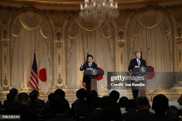 President Donald Trump and Japanese Prime Minister Shinzo Abe hold a news conference at Mar-a-Lago resort on April 18, 2018 in West Palm Beach,...