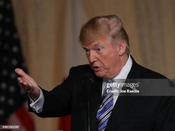 President Donald Trump speaks at a joint news conference held with Japanese Prime Minister Shinzo Abe at Mar-a-Lago resort on April 18, 2018 in West...