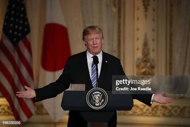 President Donald Trump speaks at a joint news conference held with Japanese Prime Minister Shinzo Abe at Mar-a-Lago resort on April 18, 2018 in West...