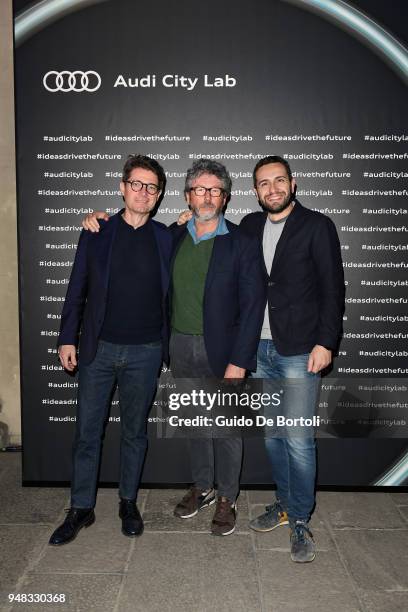 Stefano Ricci, Michele De Vincenzo and Luca Basso attend Audi City Lab Event on April 18, 2018 in Milan, Italy.