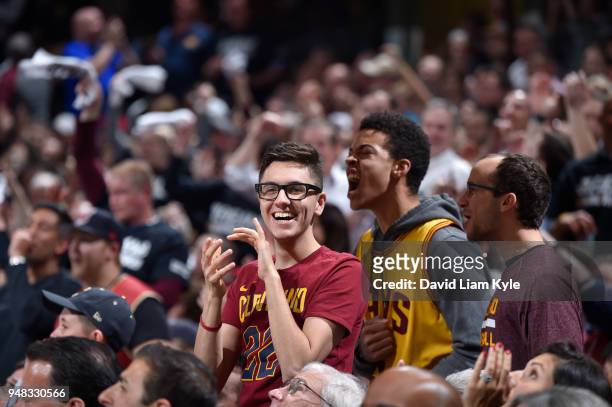 Fans react during game between Indiana Pacers and Cleveland Cavaliers in Game Two of Round One during the 2018 NBA Playoffs on April 18, 2018 at...