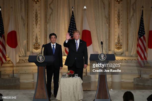 President Donald Trump and Japanese Prime Minister Shinzo Abe hold a news conference at Mar-a-Lago resort on April 18, 2018 in West Palm Beach,...