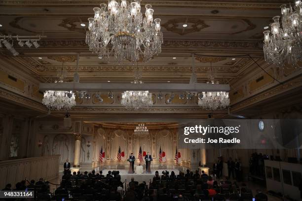 President Donald Trump and Japanese Prime Minister Shinzo Abe hold a news conference at Mar-a-Lago resort on April 18, 2018 in West Palm Beach,...