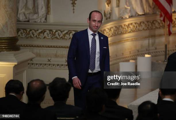 White House Senior Advisor Stephen Miller arrives before the start of a news conference by President Donald Trump and Japanese Prime Minister Shinzo...