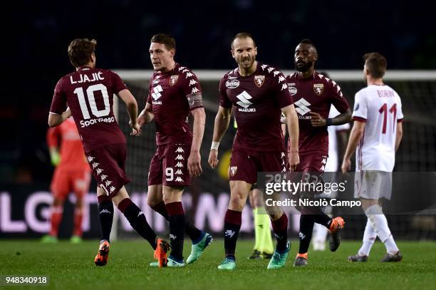 Lorenzo De Silvestri of Torino FC celebrates after scoring a goal during the Serie A football match between Torino FC and AC Milan. The match ended...