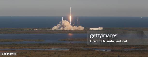 SpaceX Falcon 9 rocket carrying a TESS spacecraft lifts off on Wednesday, April 18 from Space Launch Complex 40 at Cape Canaveral Air Force Station...