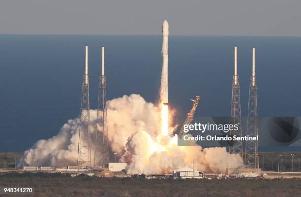 SpaceX Falcon 9 rocket carrying a TESS spacecraft lifts off on Wednesday, April 18 from Space Launch Complex 40 at Cape Canaveral Air Force Station...