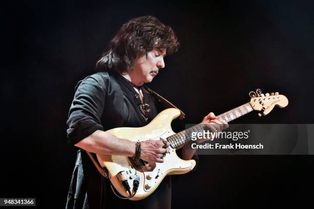 Ritchie Blackmore of the British band Ritchie Blackmore's Rainbow performs live on stage during a concert at the Velodrom on April 18, 2018 in...