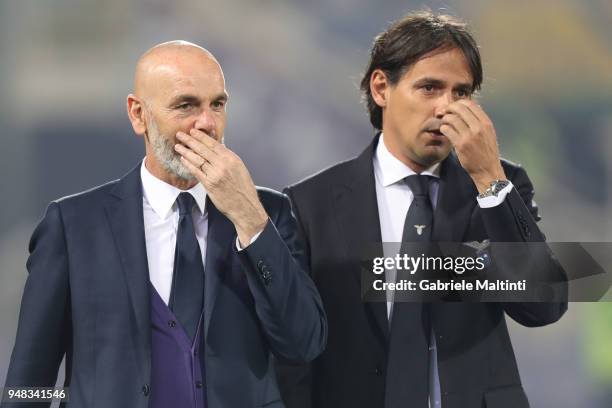 Stefano Pioli manager of ACF Fiorentina and Simone Inzaghi manager of SS Lazio during the serie A match between ACF Fiorentina and SS Lazio at Stadio...