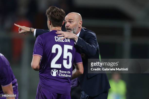 Federico Chiesa of ACF Fiorentina and Stefano Pioli manager of ACF Fiorentina during the serie A match between ACF Fiorentina and SS Lazio at Stadio...