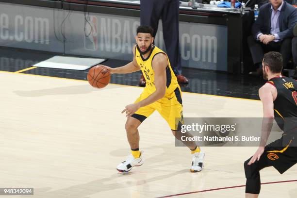 Cory Joseph of the Indiana Pacers handles the ball against the Cleveland Cavaliers in Game Two of Round One of the 2018 NBA Playoffs on April 18,...