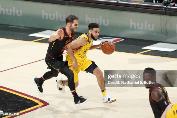 Cory Joseph of the Indiana Pacers handles the ball against the Cleveland Cavaliers in Game Two of Round One of the 2018 NBA Playoffs on April 18,...