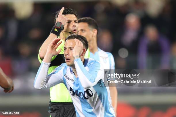 Alessandro Murgia of SS Lazio reacts during the serie A match between ACF Fiorentina and SS Lazio at Stadio Artemio Franchi on April 18, 2018 in...