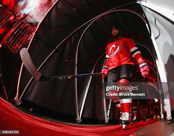 Patrick Maroon of the New Jersey Devils heads out to play against the Tampa Bay Lightning in Game Four of the Eastern Conference First Round during...
