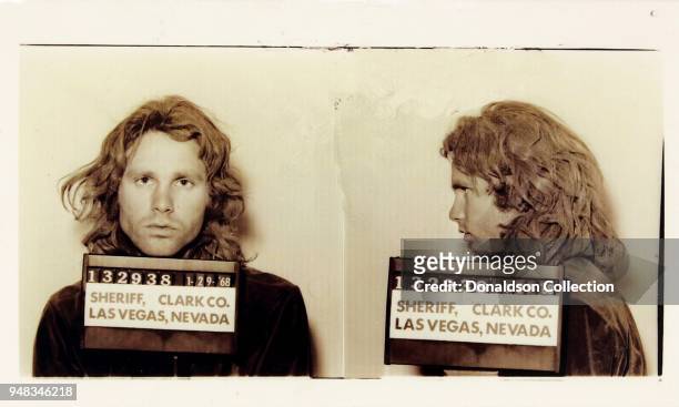 Singer Jim Morrison of the rock and roll band "The Doors' mugshot on January 29, 1968 in Las Vegas, Nevada.