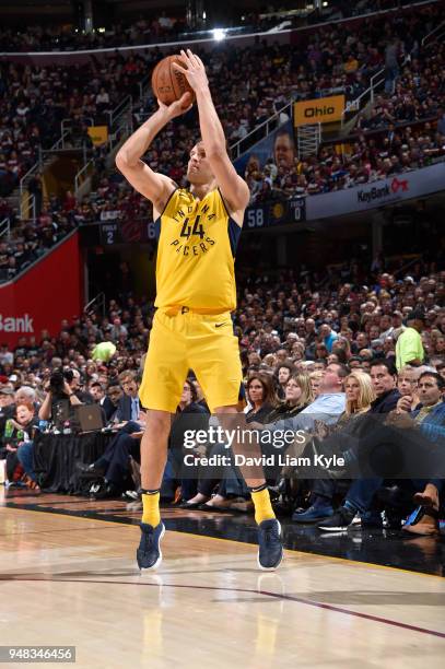 Bojan Bogdanovic of the Indiana Pacers shoots the ball against the Cleveland Cavaliers in Game Two of Round One during the 2018 NBA Playoffs on April...