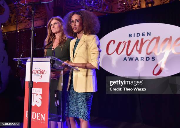 Actor Connie Britton and Writer Elaine Welteroth speak onstage at the Biden Courage Awards Presented by It's On Us at the Russian Tea Room on April...